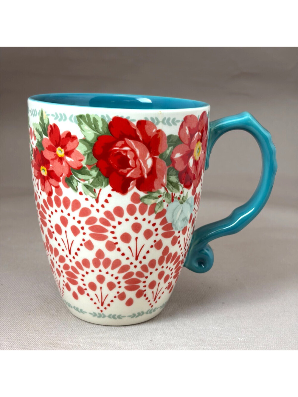 The Pioneer Woman Coffee Mug Red Floral Lace Teal Interior Stoneware Cup 16 oz